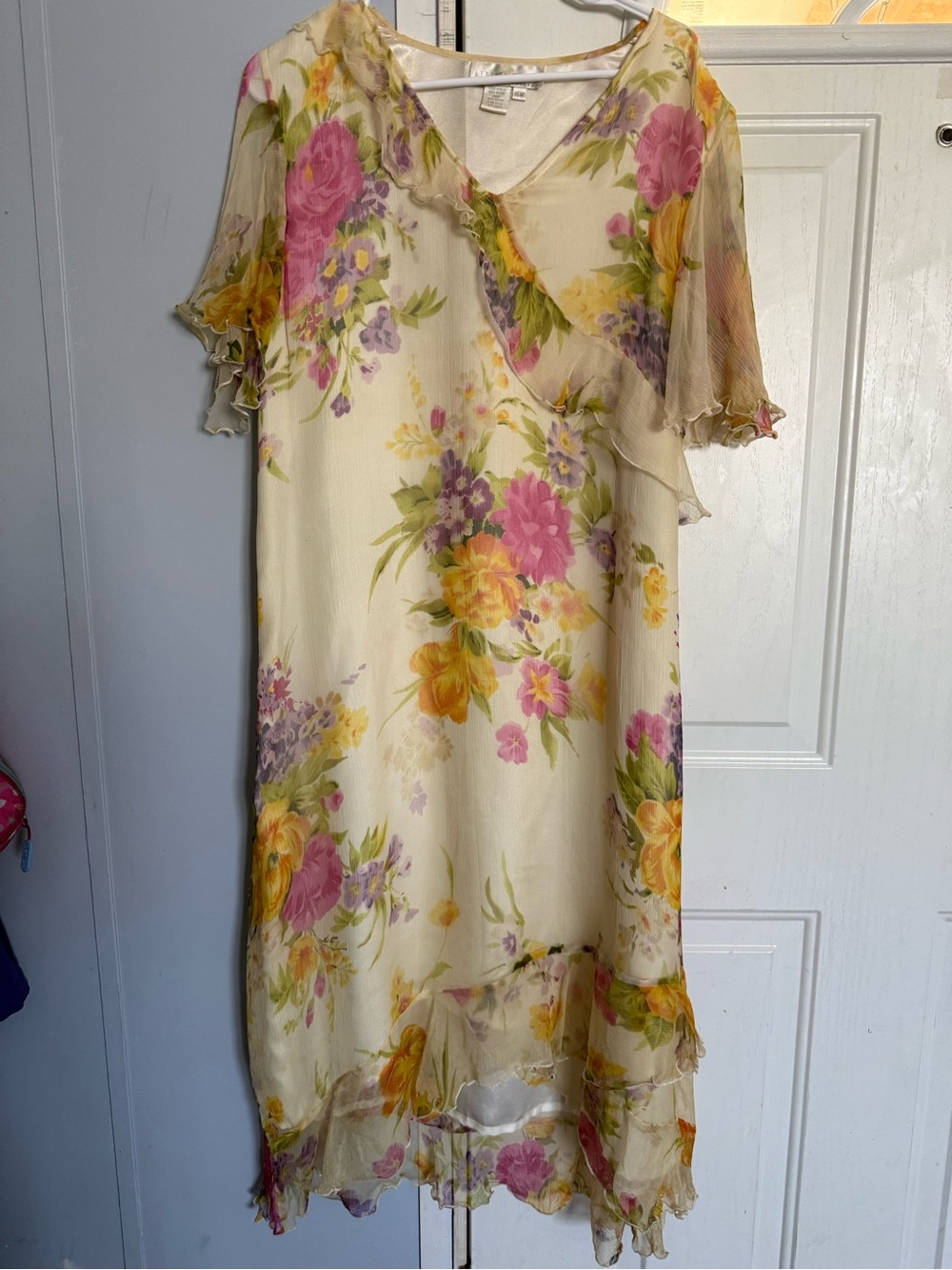 Allison Woods Floral Cream Midi Dress with Pink & Yellow Blooms